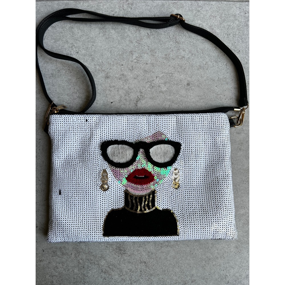 Sequin Portrait Crossbody Bag‎ White Black Faux Leather Adjustable Strap Clutch